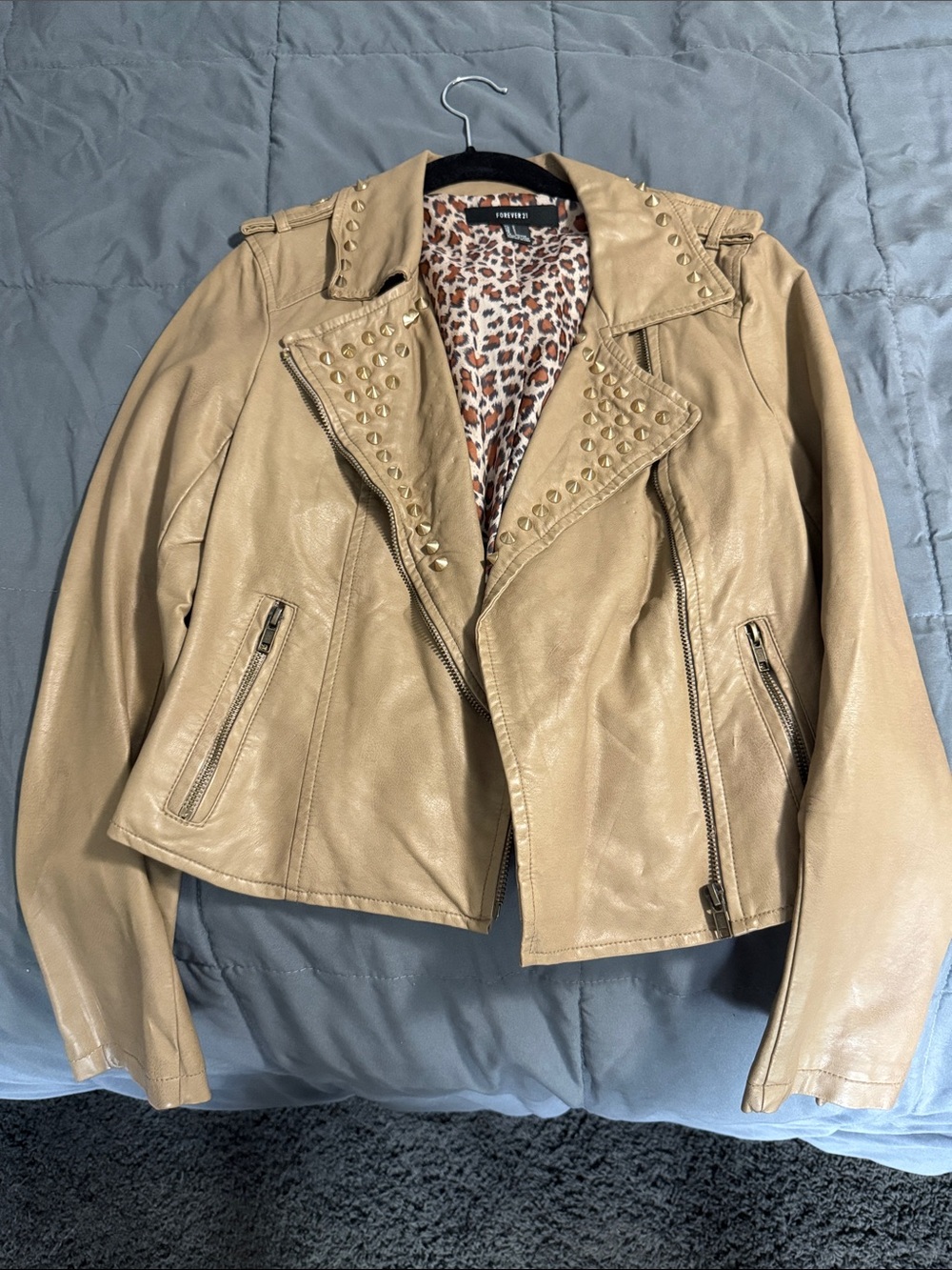 Forever 21 Tan Faux Leather Studded Moto Jacket with Leopard Lining
